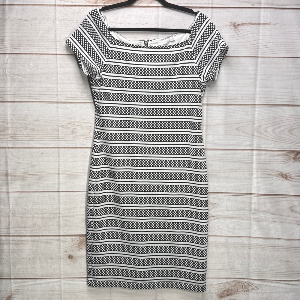 Bisou Bisou Michele Bohbot Black White Striped Polka Dot Sheath Dress Size 16